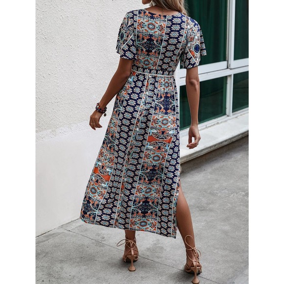 boho paisley Print v neck short Sleeve Split Side Belted maxi Dress hot pink - Picture 6 of 11